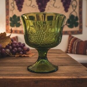 Indiana Glass Colony Harvest Grapes Compote, Vintage Avocado Green Pedestal Bowl